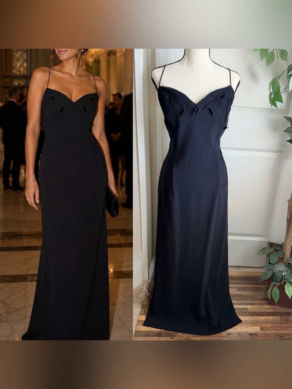 Dave & Johnny 90s Vintage Floral Appliqué Strappy Formal Gown Black Sz M